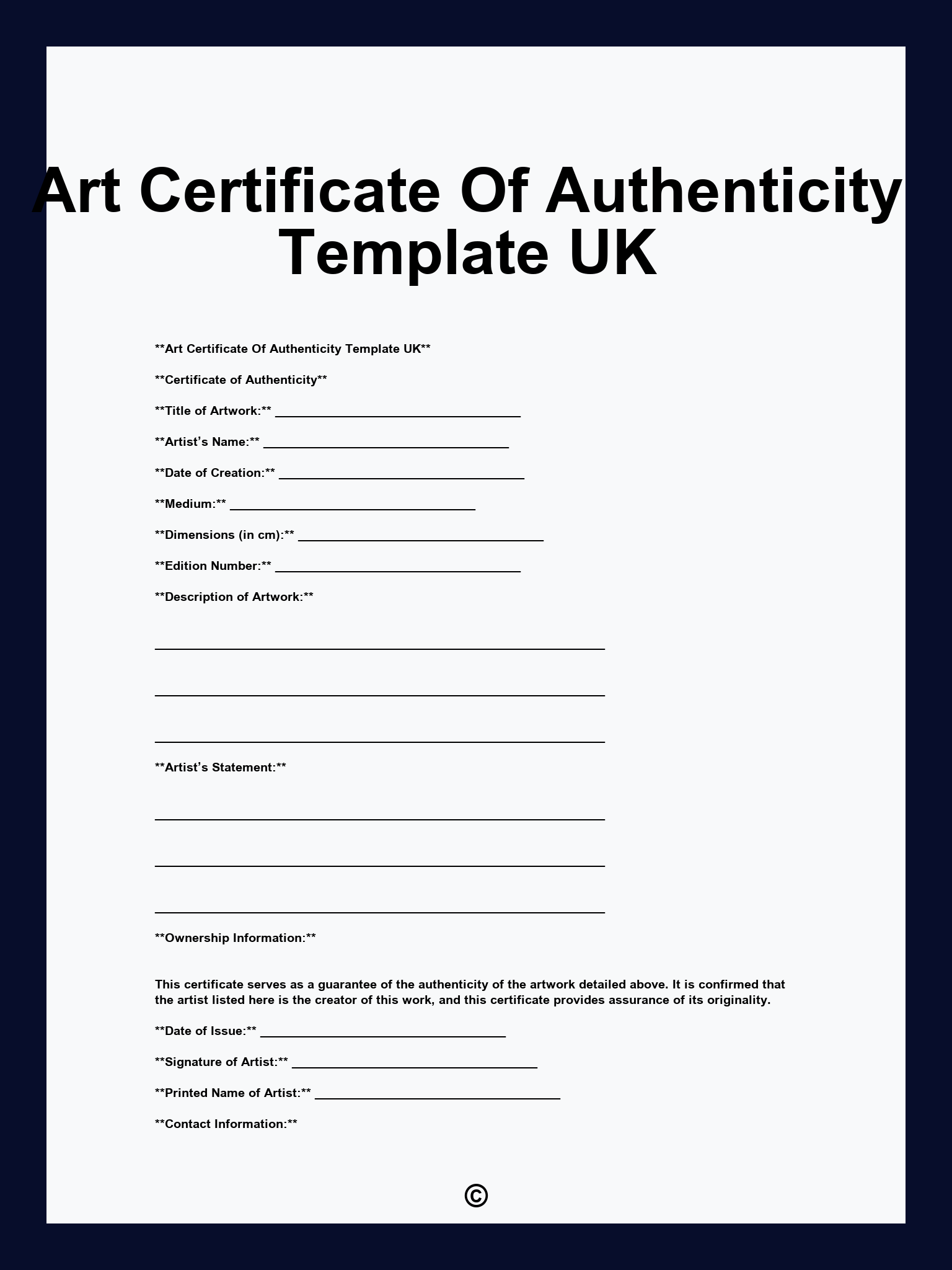 Art Certificate Of Authenticity Template UK