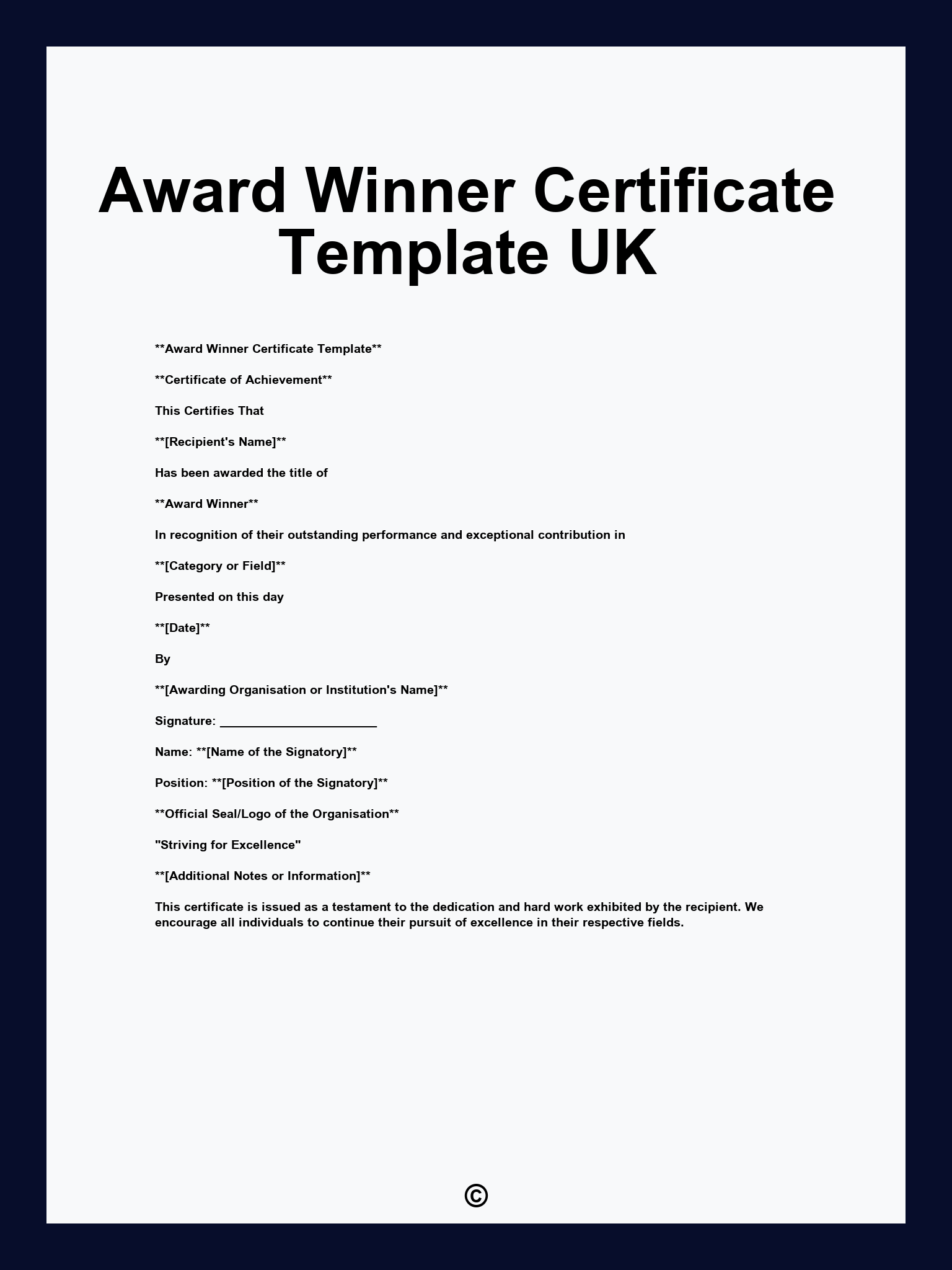 Award Winner Certificate Template UK