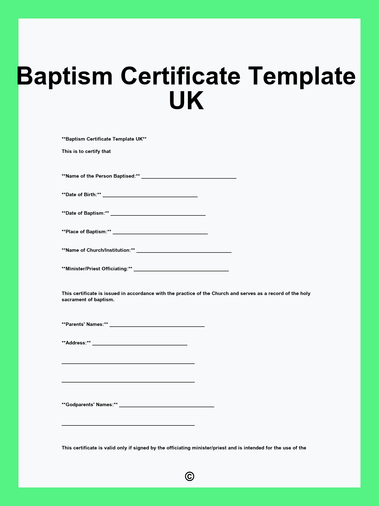 Baptism Certificate Template UK
