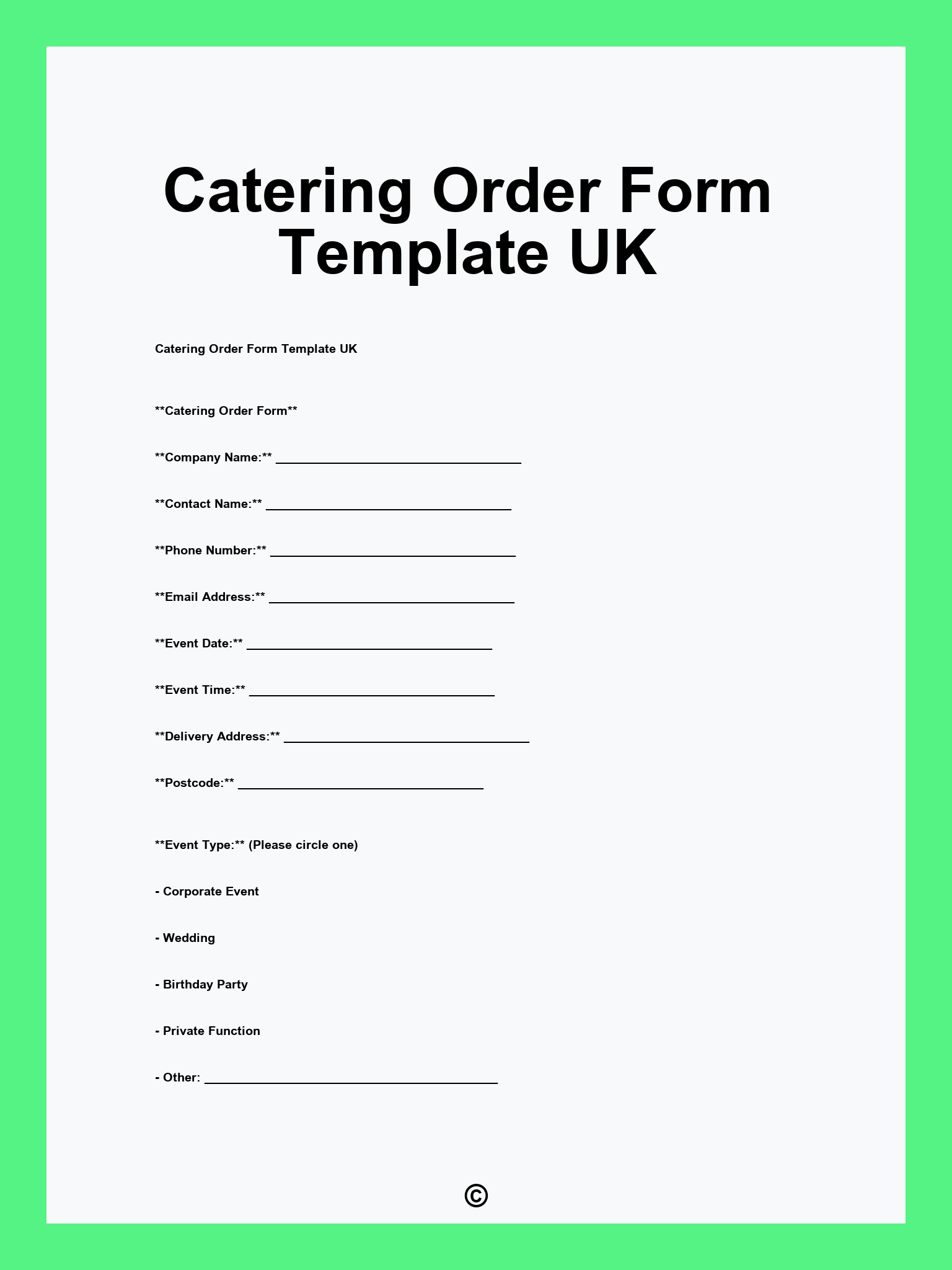 Catering Order Form Template UK
