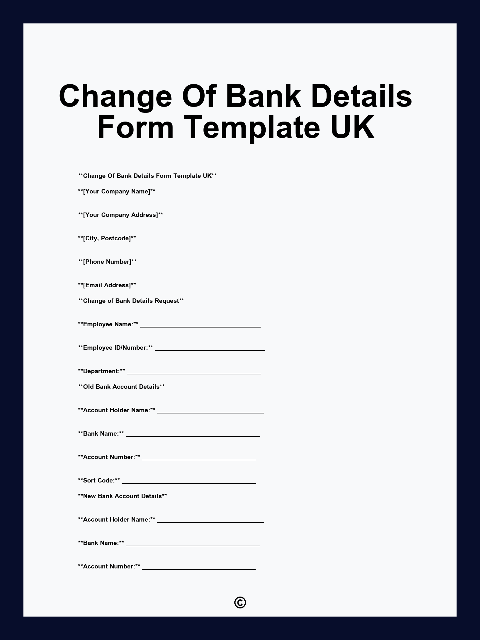 Change Of Bank Details Form Template UK