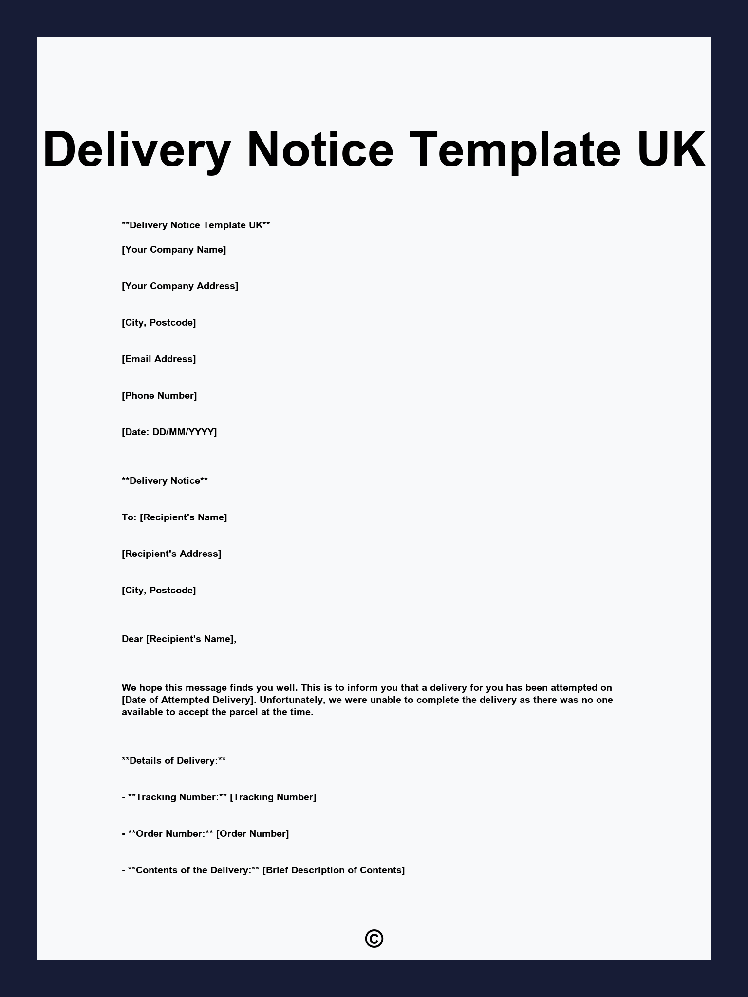 Delivery Notice Template UK