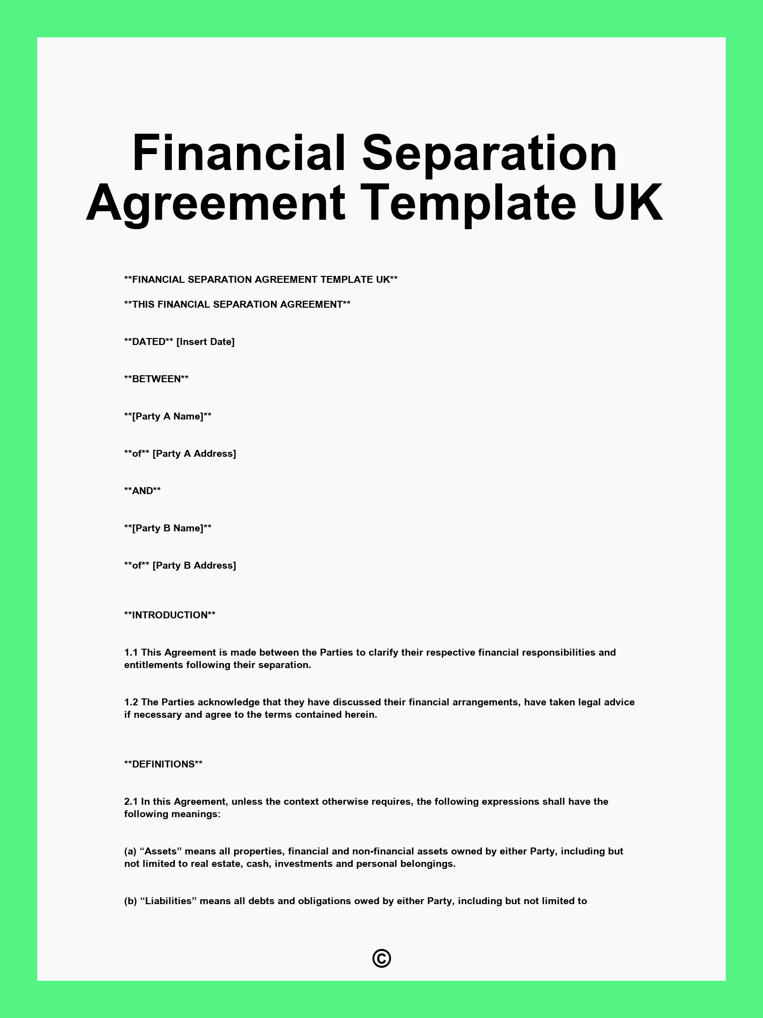 Financial Separation Agreement Template UK