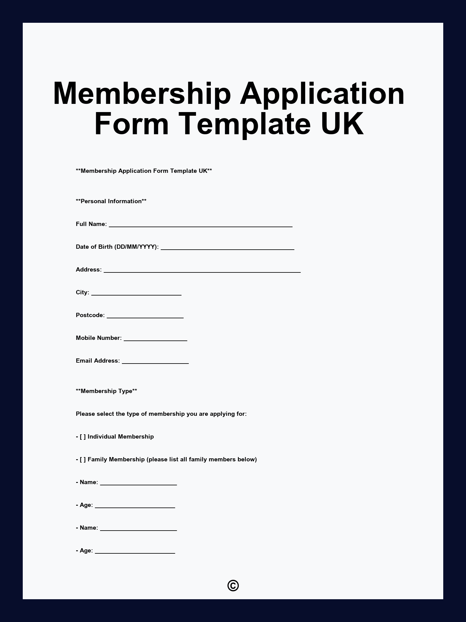 Membership Application Form Template UK