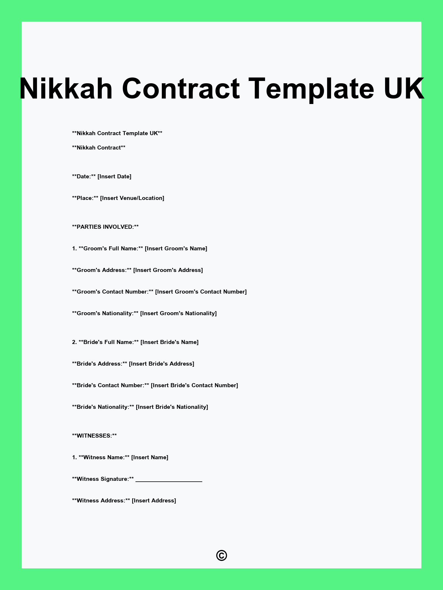 Nikkah Contract Template UK