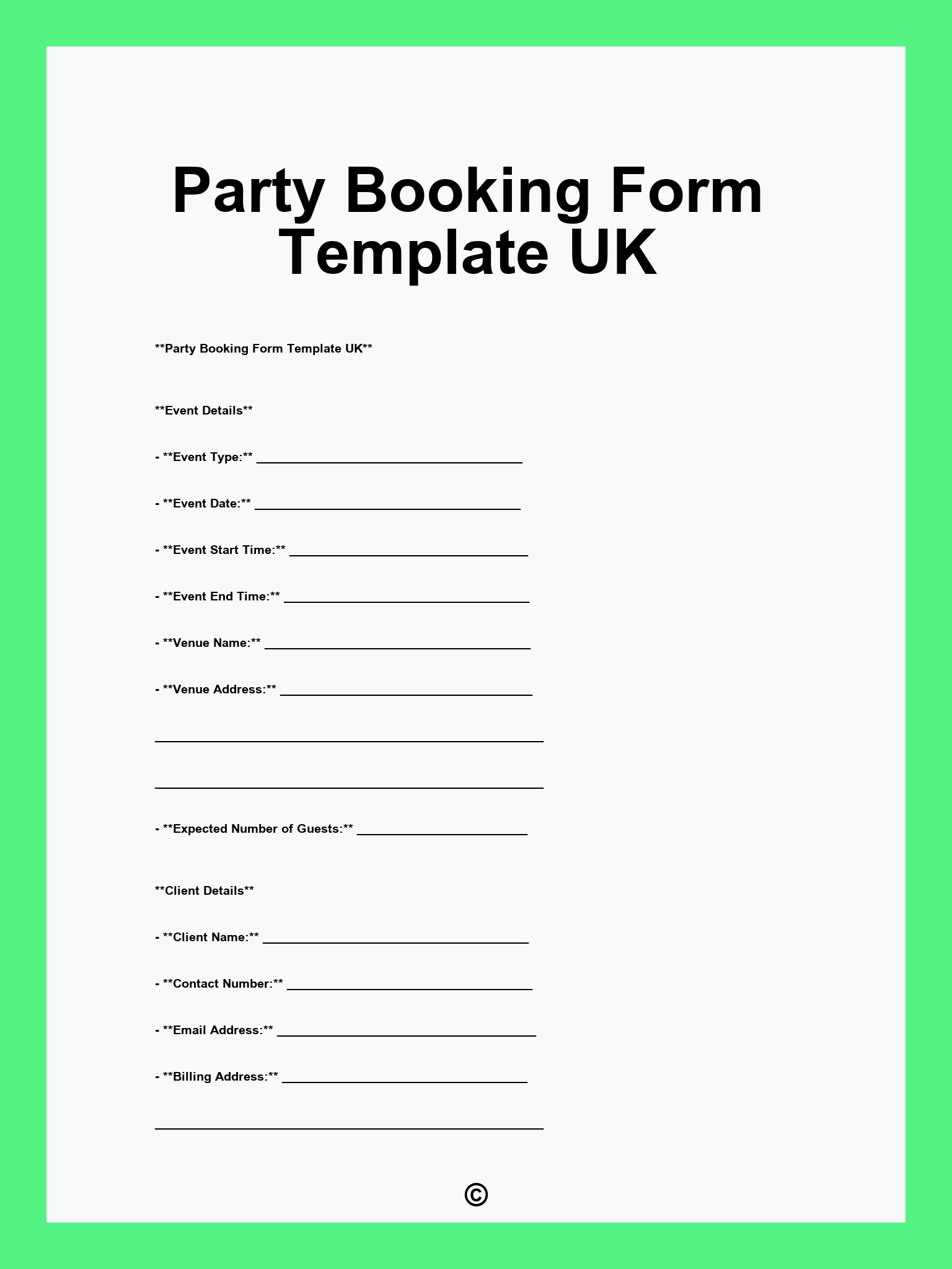 Party Booking Form Template UK