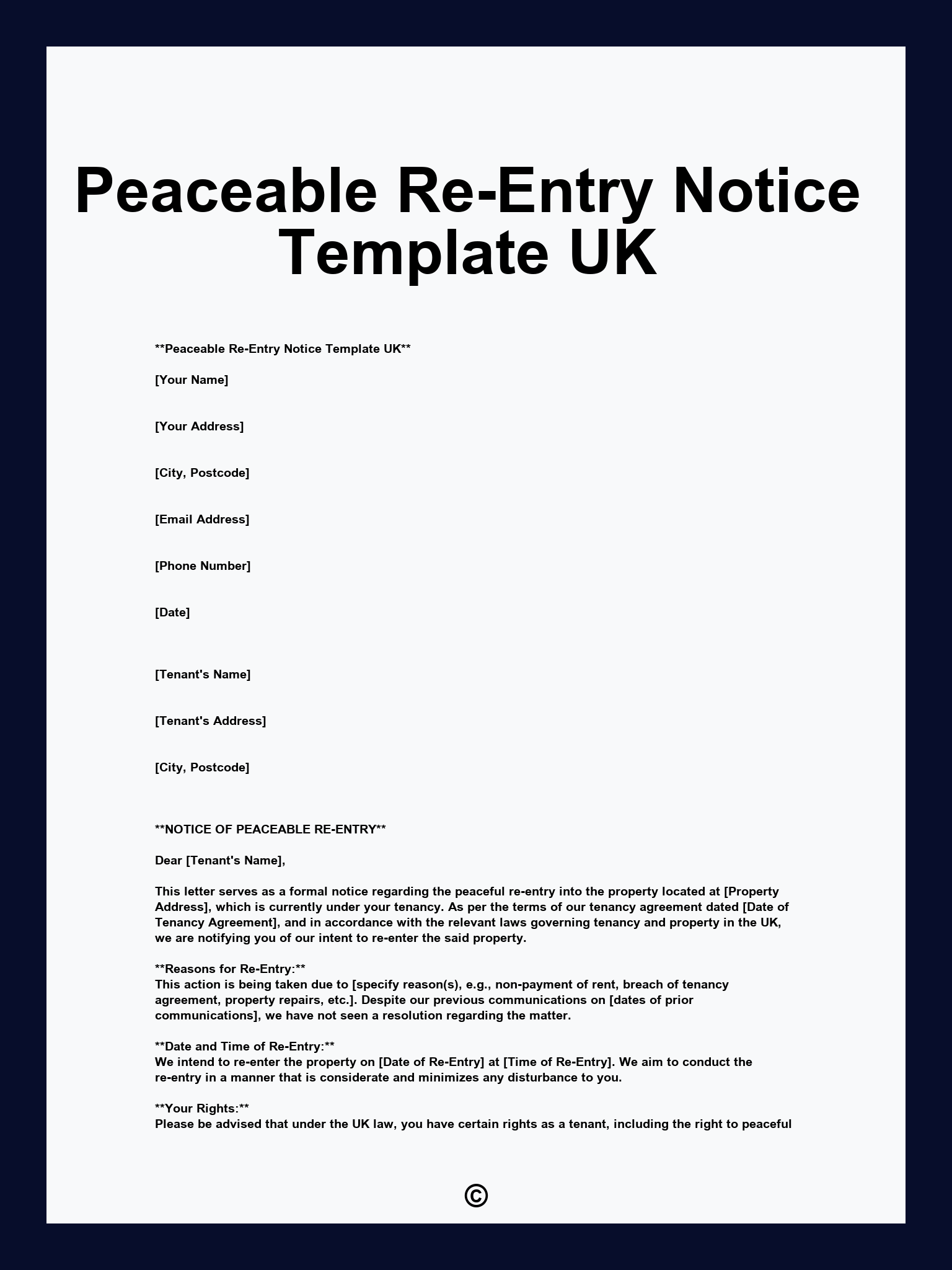 Peaceable Re-Entry Notice Template UK
