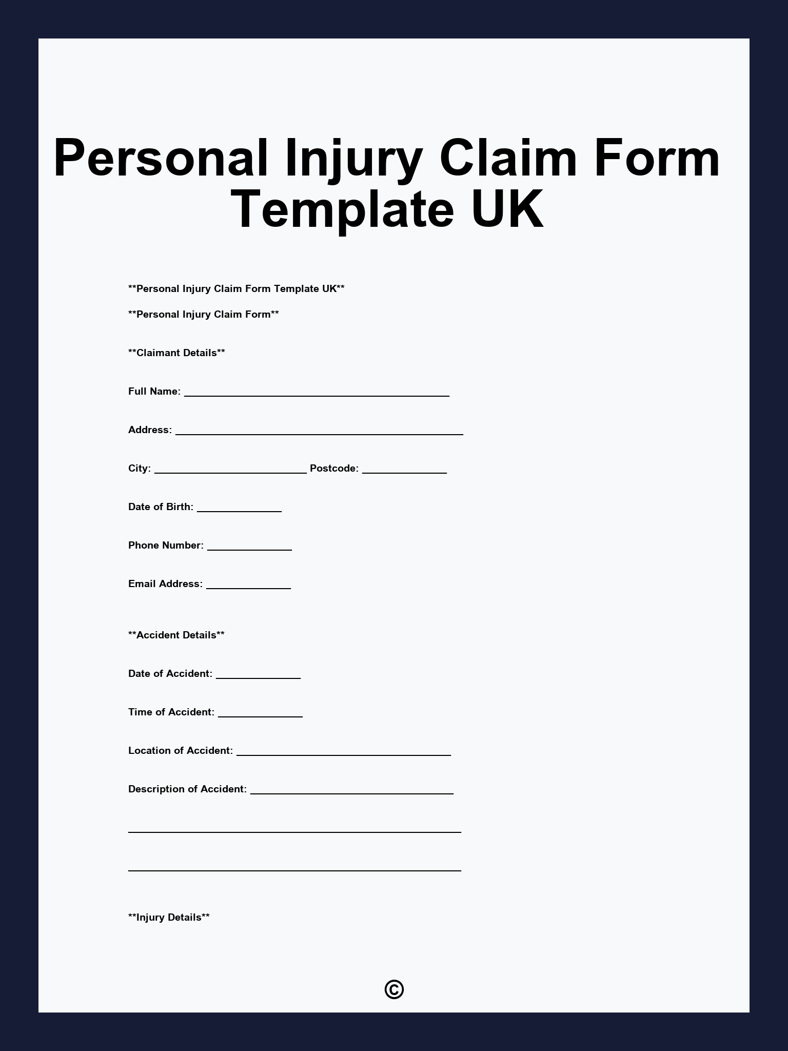 Personal Injury Claim Form Template UK