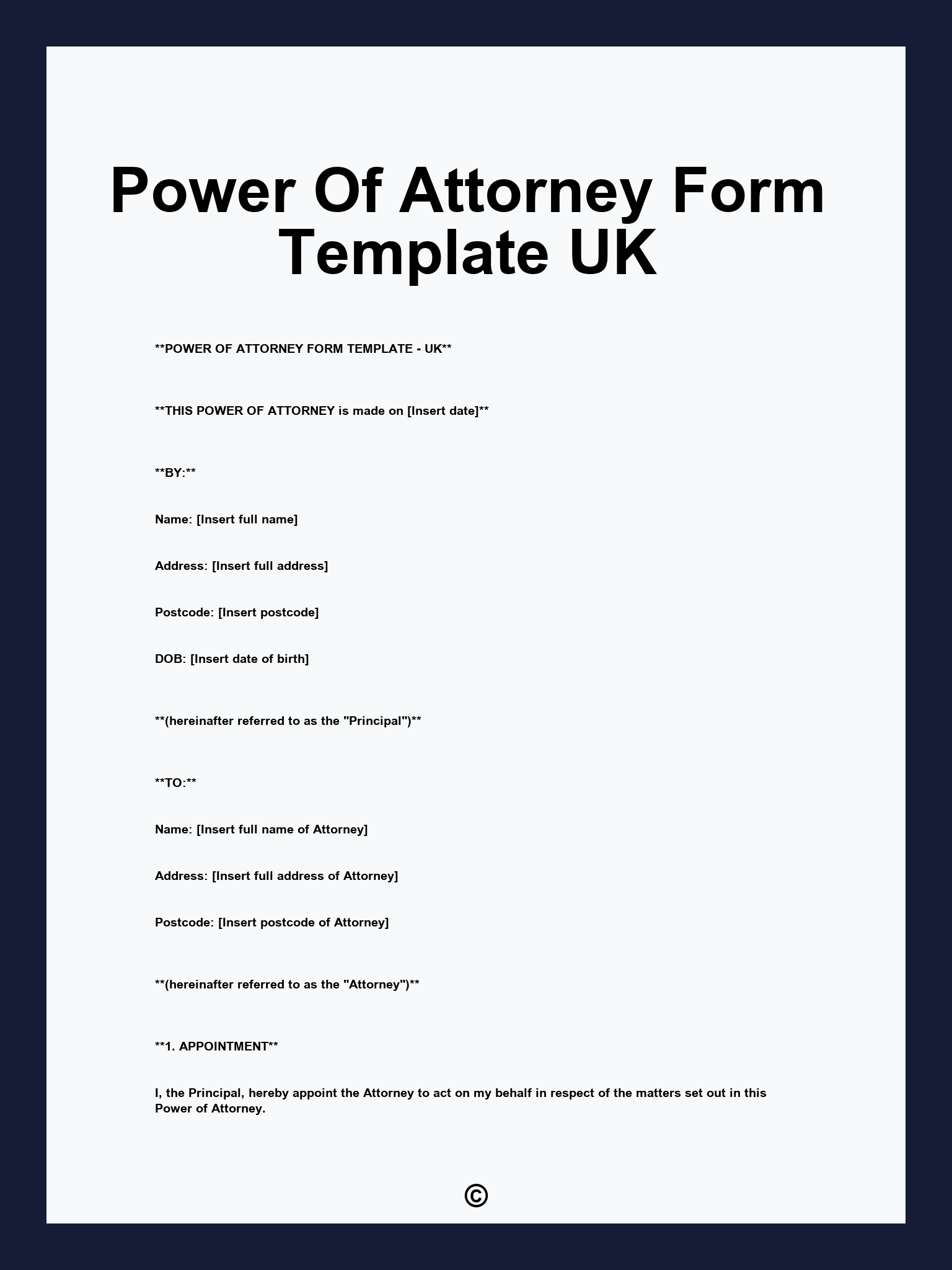 Power Of Attorney Form Template UK