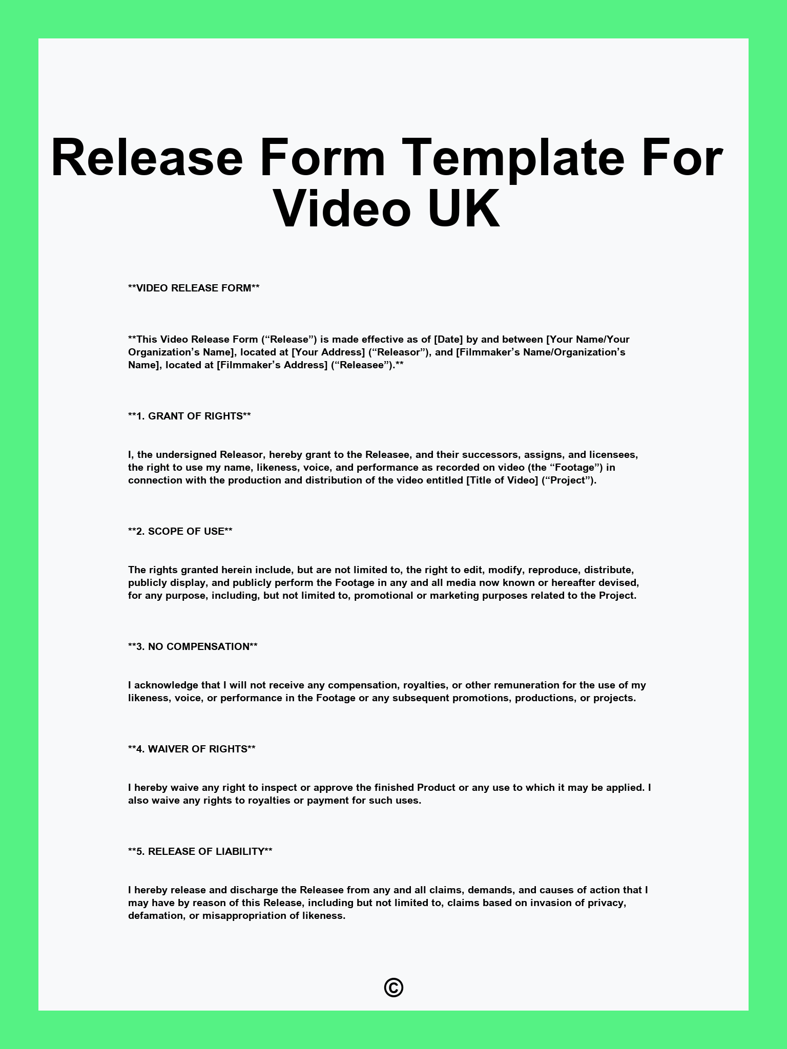 Release Form Template For Video UK