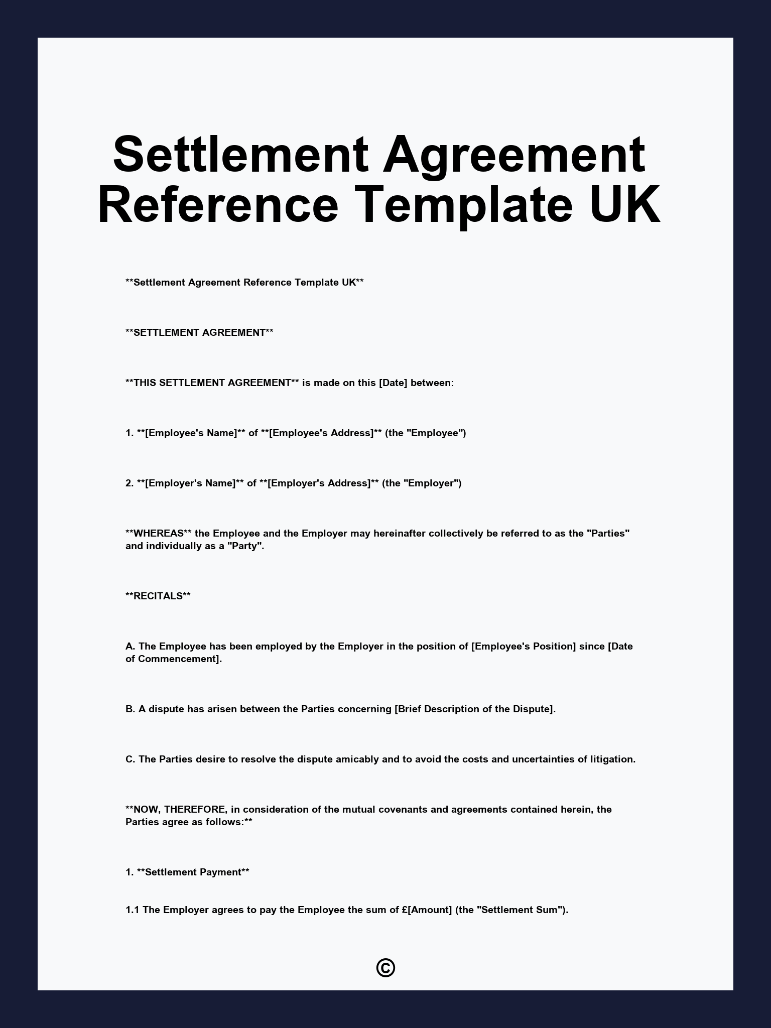 Settlement Agreement Reference Template UK