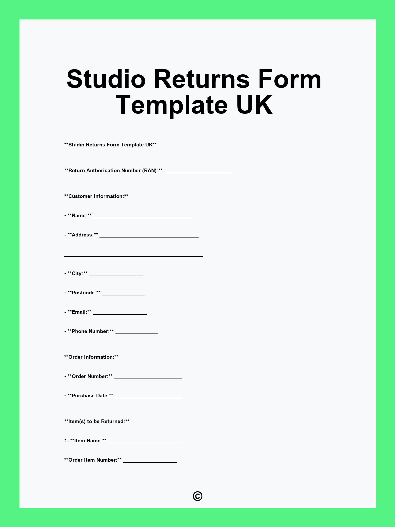 Studio Returns Form Template UK