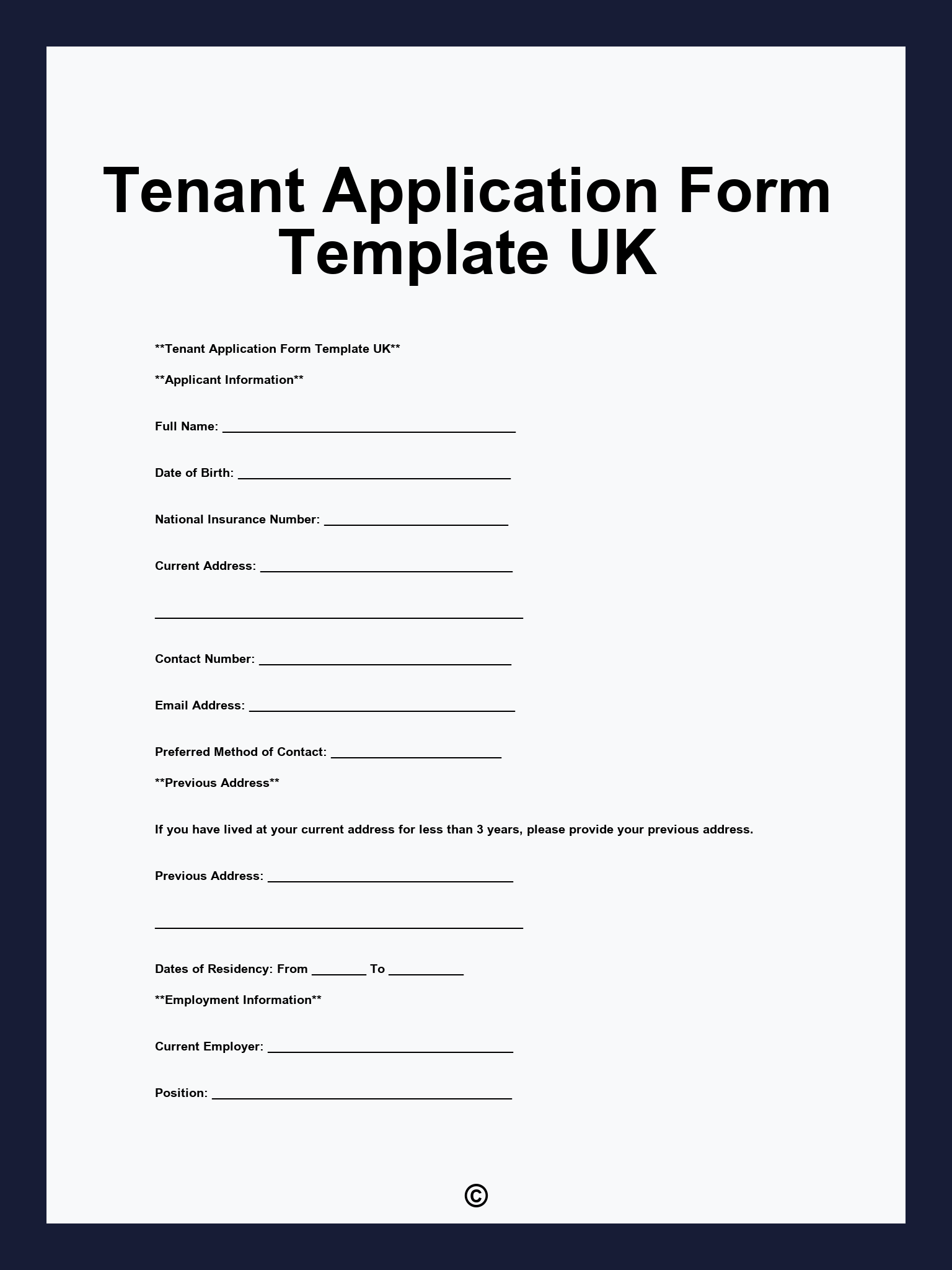 Tenant Application Form Template UK